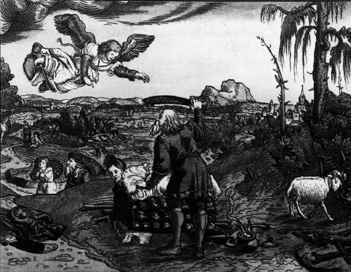 עקדת יצחק. תחריט עץ מאת לוקאס קראנאך, בספר תנ"ך גרמני מודפס שתורגם על ידי מרטין לותר, גרמניה, 1541 (המרכז לתיעוד חזותי ע"ש אוסטר, בית התפוצות)