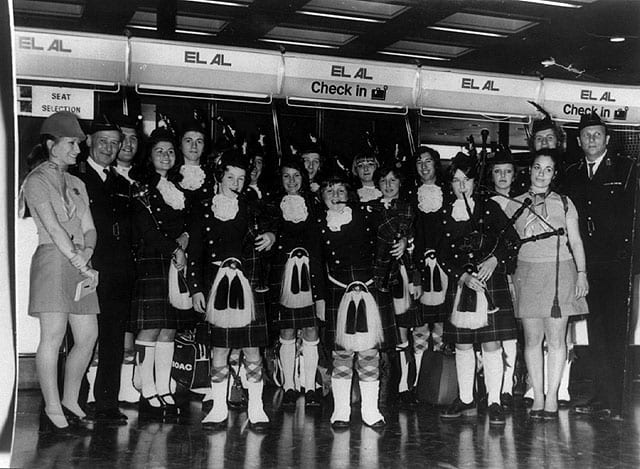 Pipe band of the Jewish Lads and Girls Brigade in the Airport of London, England, 1973 (Beit Hatfutsot, the Oster Visual Documentation Center, courtesy of the Scottish Jewish Archive Center, Glasgow)