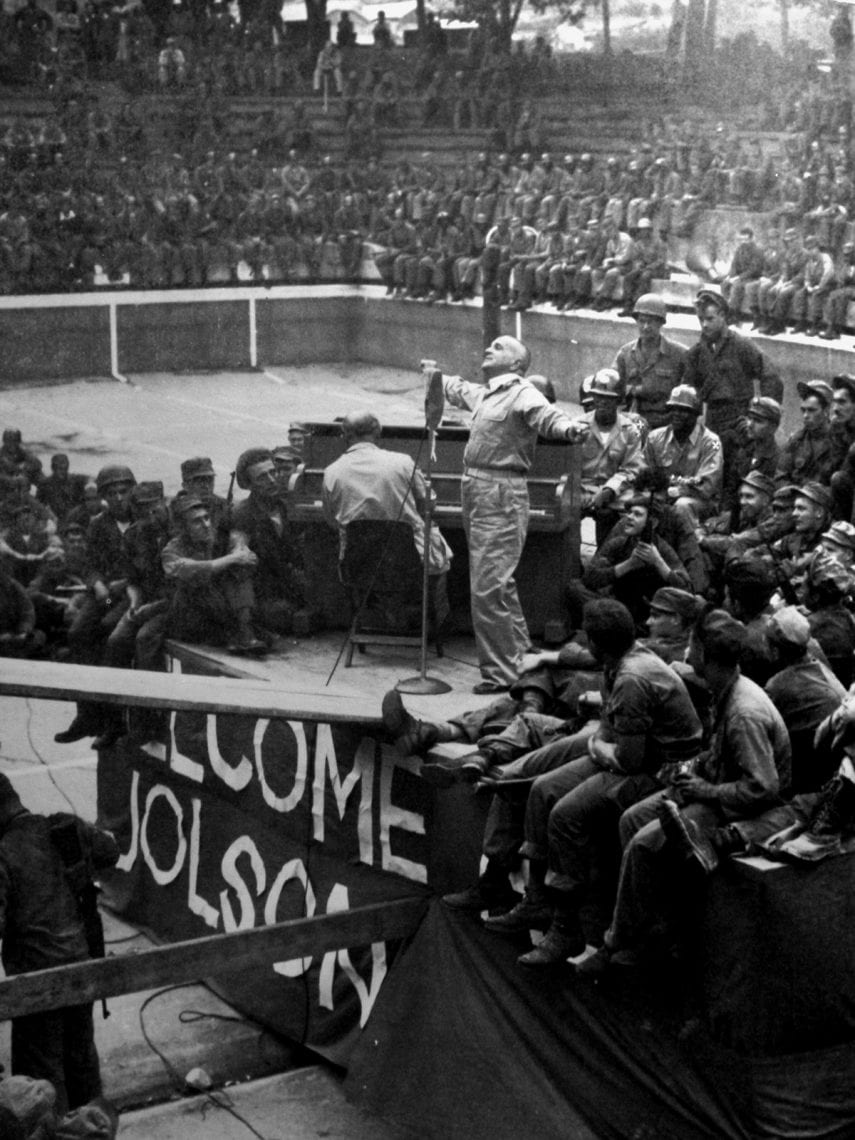 Al Jolson performs for soldiers in the Korean War, Pusan, Korea, 1950 (photo from the book The World of Al Jolson by Barrie Anderton, 1975)