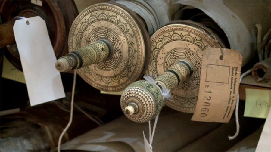 Tagged Torah Scrolls (Photo courtesy of the Czech Memorial Scrolls Museum)