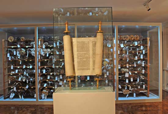 A Torah on Display at the Czech Memorial Scrolls Museum, Westminster Synagogue (Photo courtesy of the Czech Memorial Scrolls Museum)