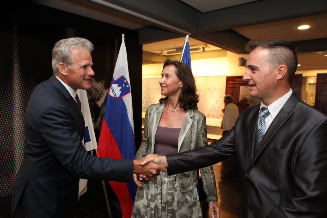 Deputy Minister Michael Oren, Ambassador Ms. Barbara Sušnik, and Deputy Head of Mission, Mr. Blaž Masle. The Museum of the Jewish People at Beit Hatfutsot, June 2018